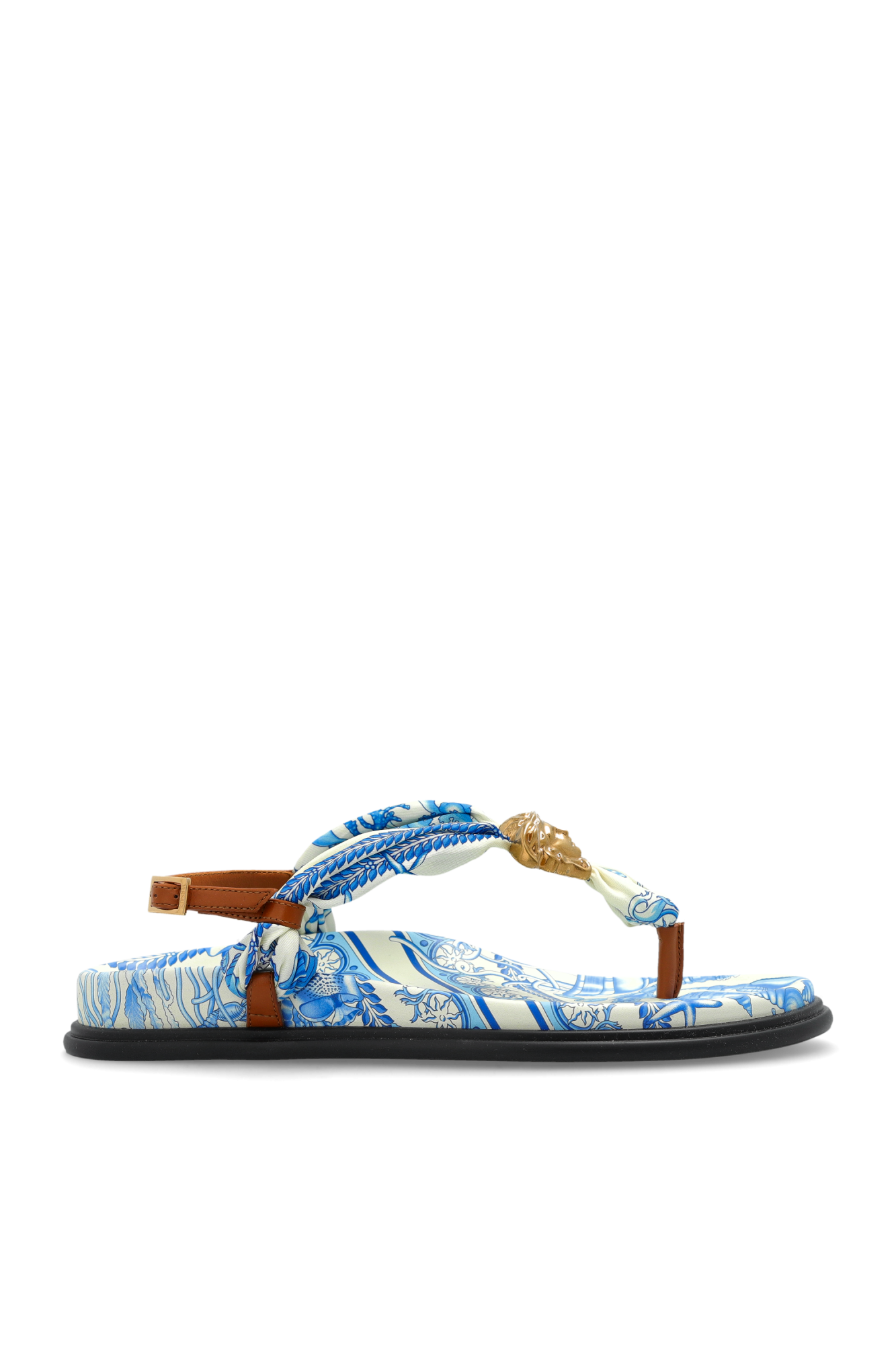 サンダル・ミュール VERSACE  Sandals Women Leather Blue/Ice Medusa Chain leather sandals in blue - Versace | Mytheresa